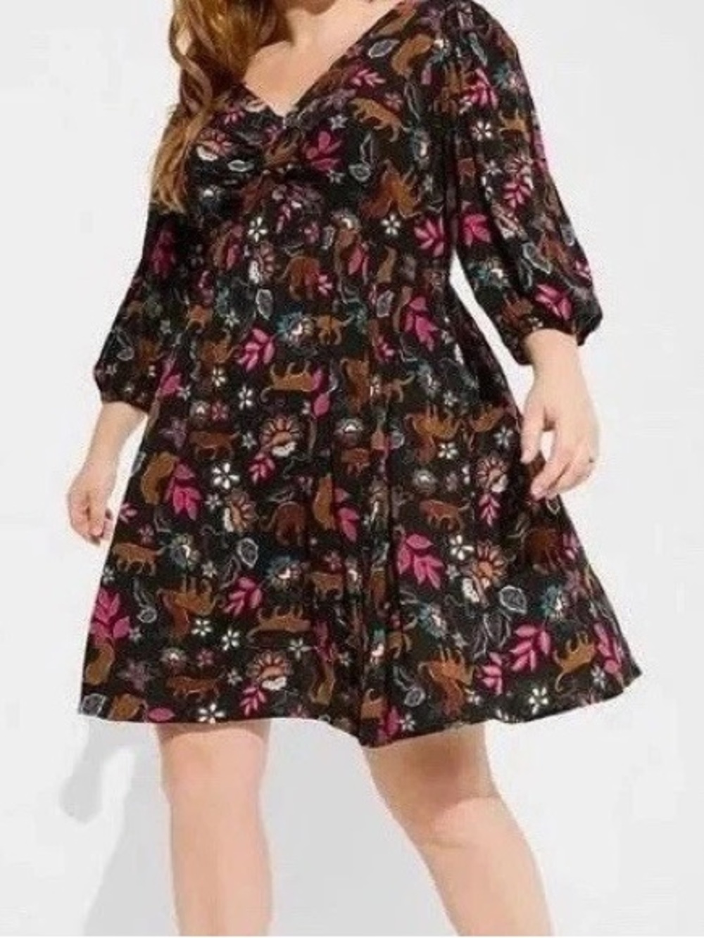 torrid Black Floral Leopard Botanical Mini Dress 3/4 Sleeve Tie Back Size 2X